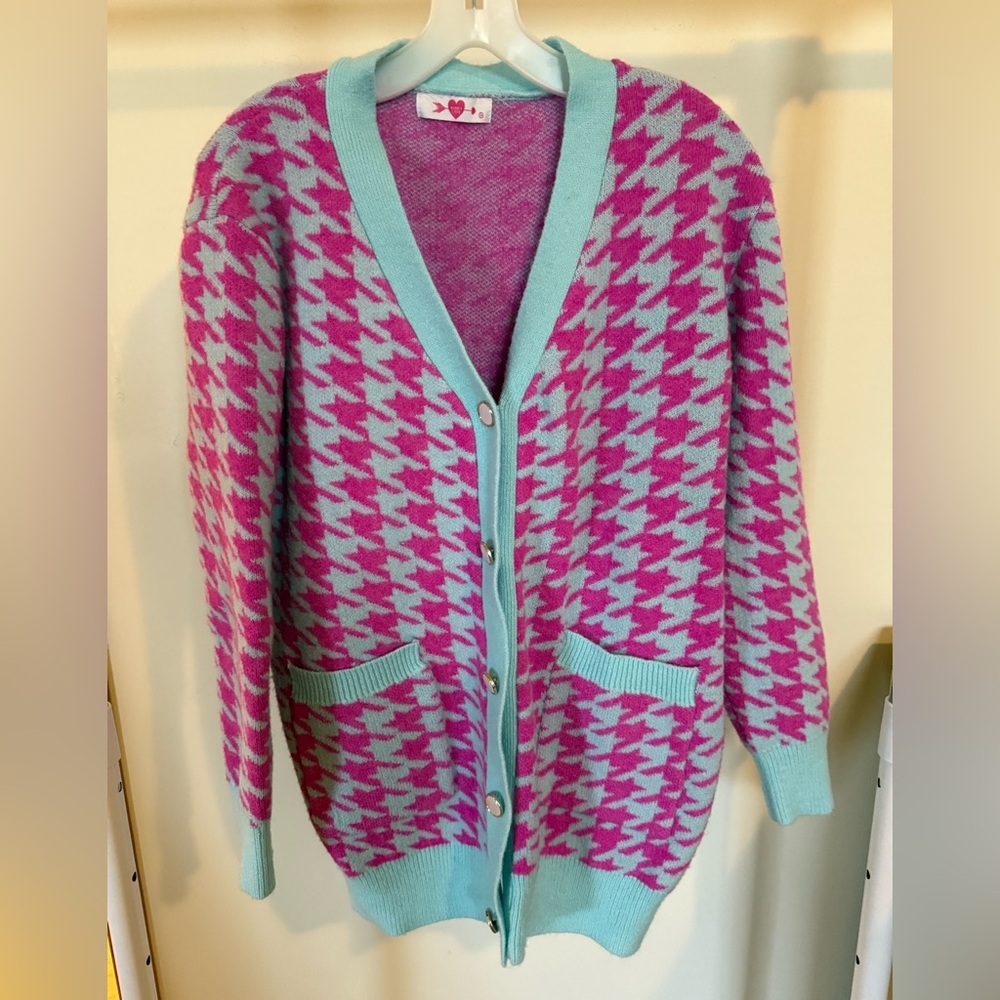 Buddy Love Pink and Light Blue Houndstooth Cardigan